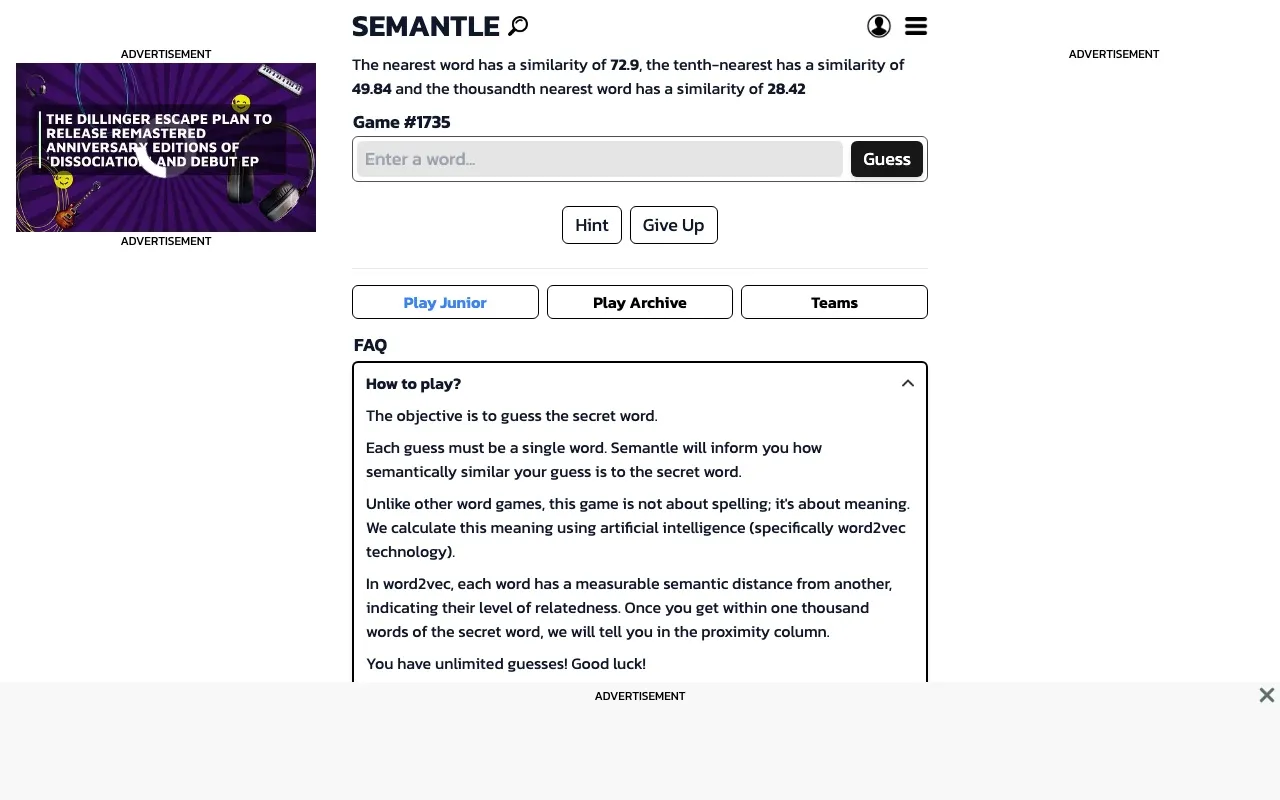 Semantle official site screenshot
